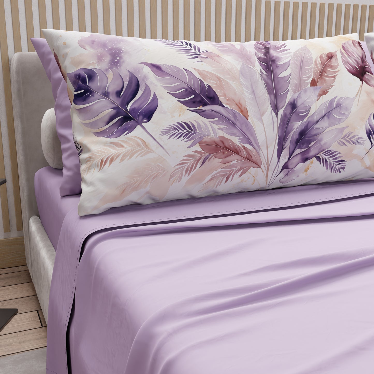 Lenzuola in Cotone, Completo Letto con Federe in Stampa Digitale Palmwater Lilla