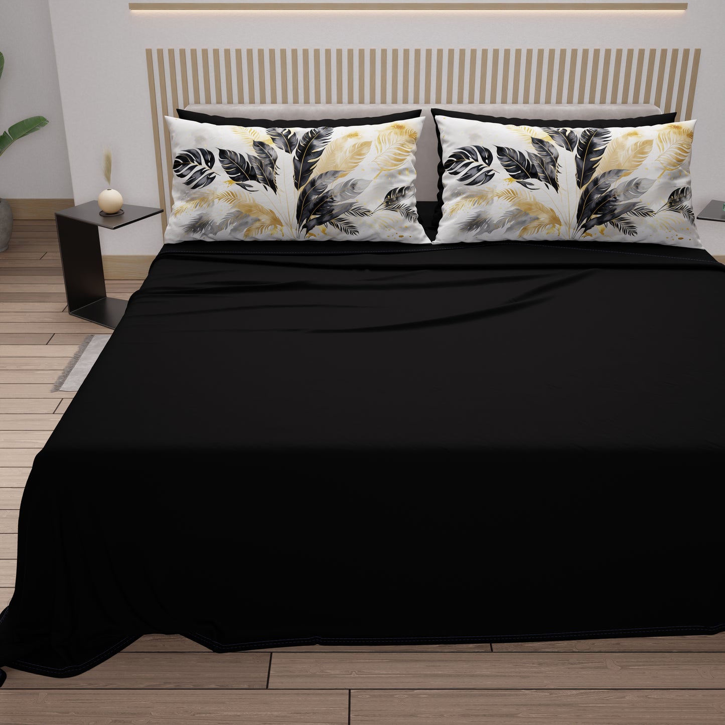 Draps en Coton, Parure de Lit avec Taies d'Oreiller en Impression Digitale Palmwater Noir