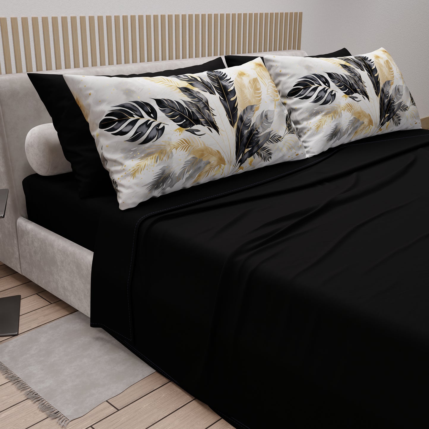 Draps en Coton, Parure de Lit avec Taies d'Oreiller en Impression Digitale Palmwater Noir