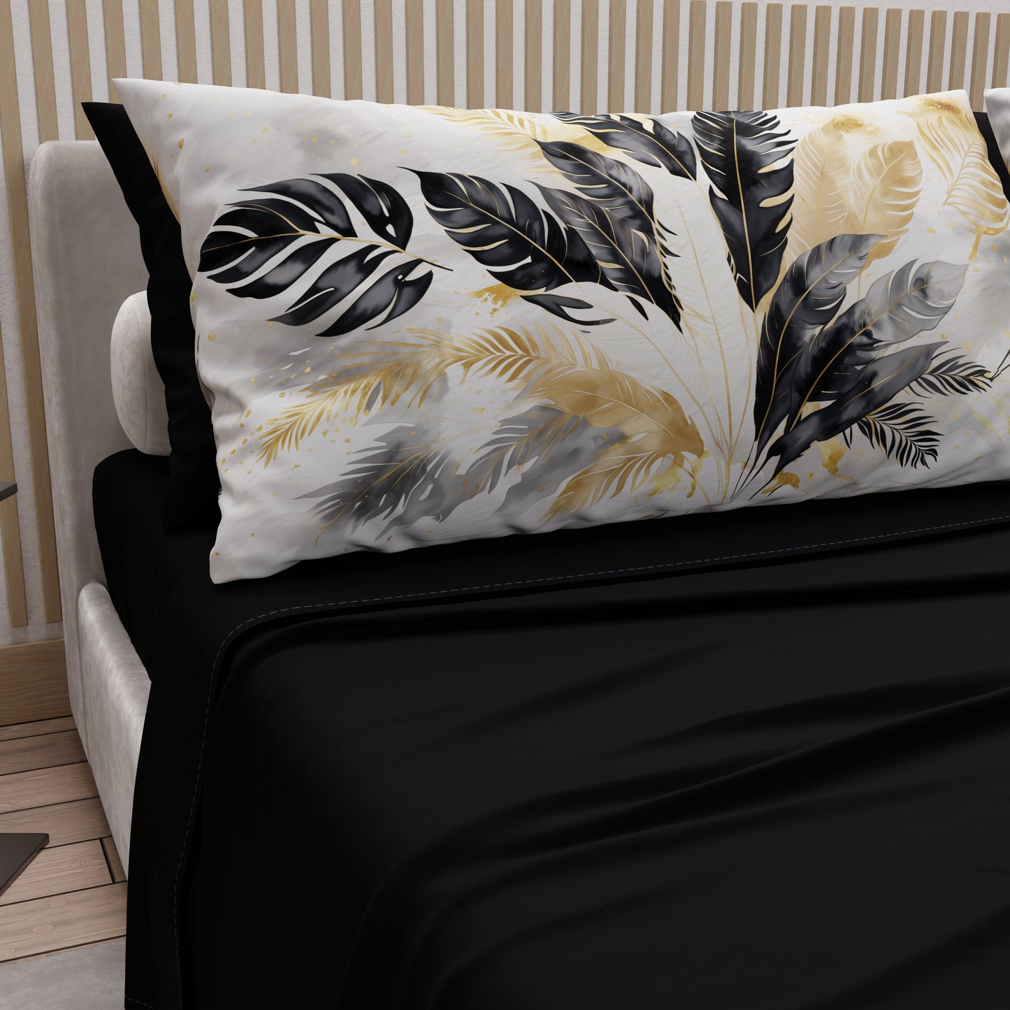 Draps en Coton, Parure de Lit avec Taies d'Oreiller en Impression Digitale Palmwater Noir