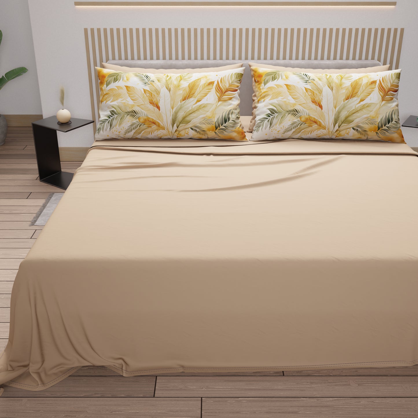 Lenzuola in Cotone, Completo Letto con Federe in Stampa Digitale Palmwater Oliva