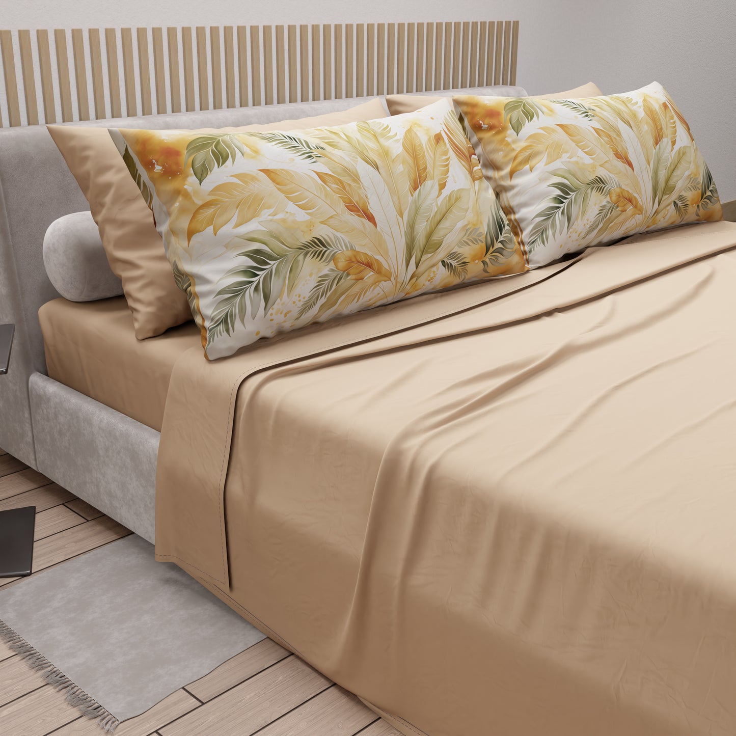 Lenzuola in Cotone, Completo Letto con Federe in Stampa Digitale Palmwater Oliva