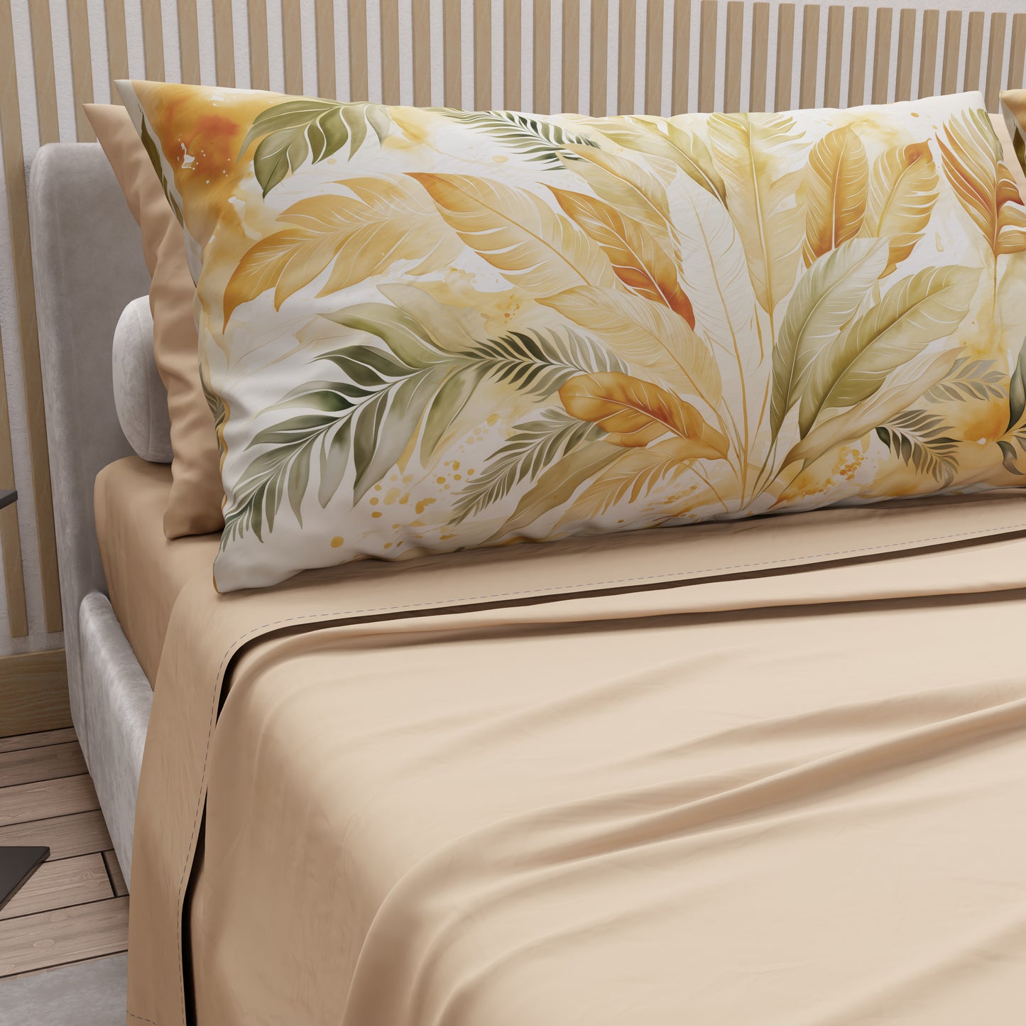 Lenzuola in Cotone, Completo Letto con Federe in Stampa Digitale Palmwater Oliva