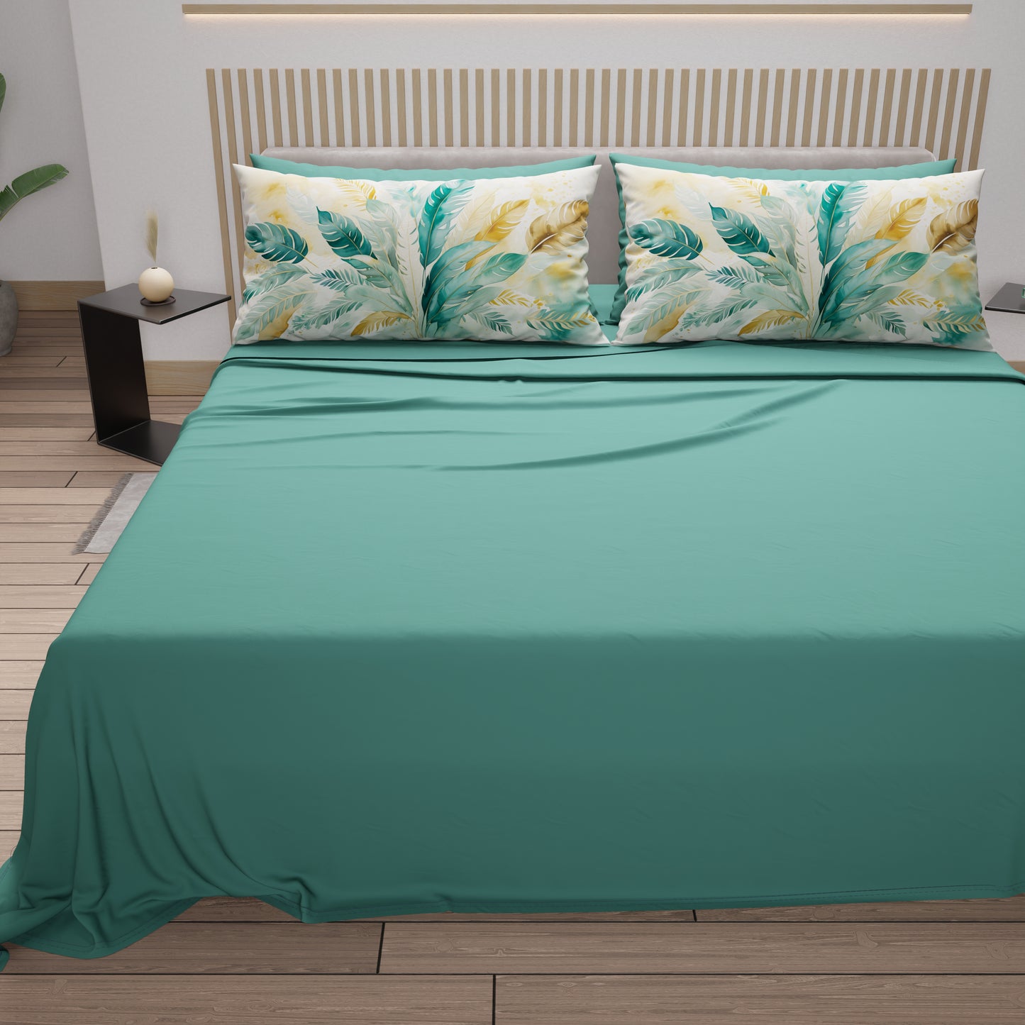 Lenzuola in Cotone, Completo Letto con Federe in Stampa Digitale Palmwater Ottanio