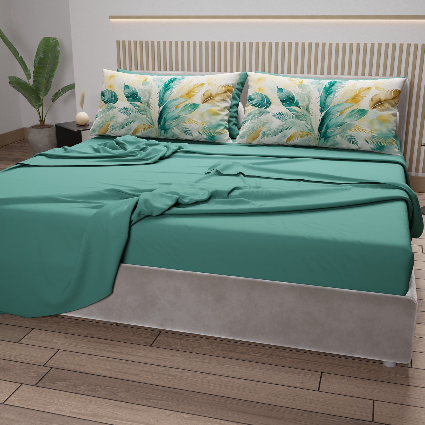 Lenzuola in Cotone, Completo Letto con Federe in Stampa Digitale Palmwater Ottanio