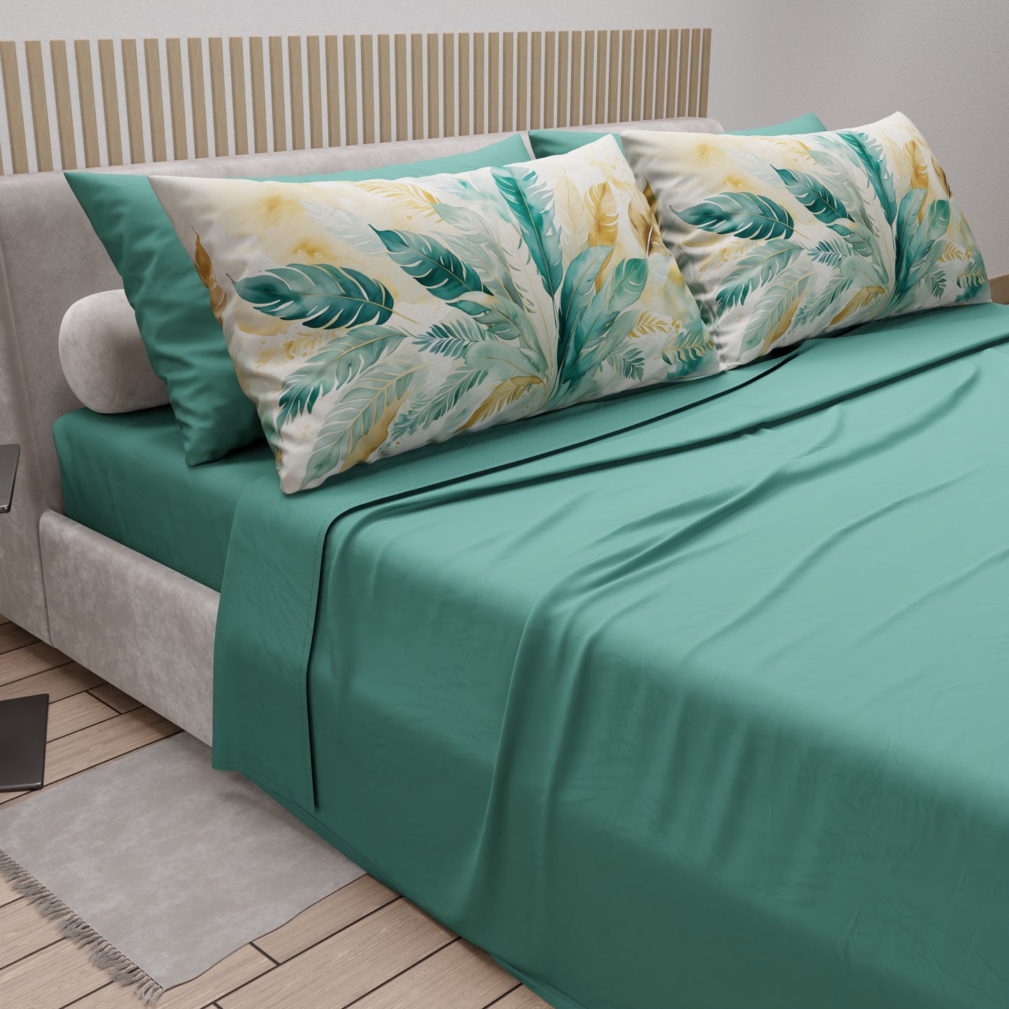 Lenzuola in Cotone, Completo Letto con Federe in Stampa Digitale Palmwater Ottanio