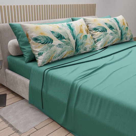 Draps en Coton, Parure de Lit avec Taies d'Oreiller en Impression Digitale Palmwater Outremer