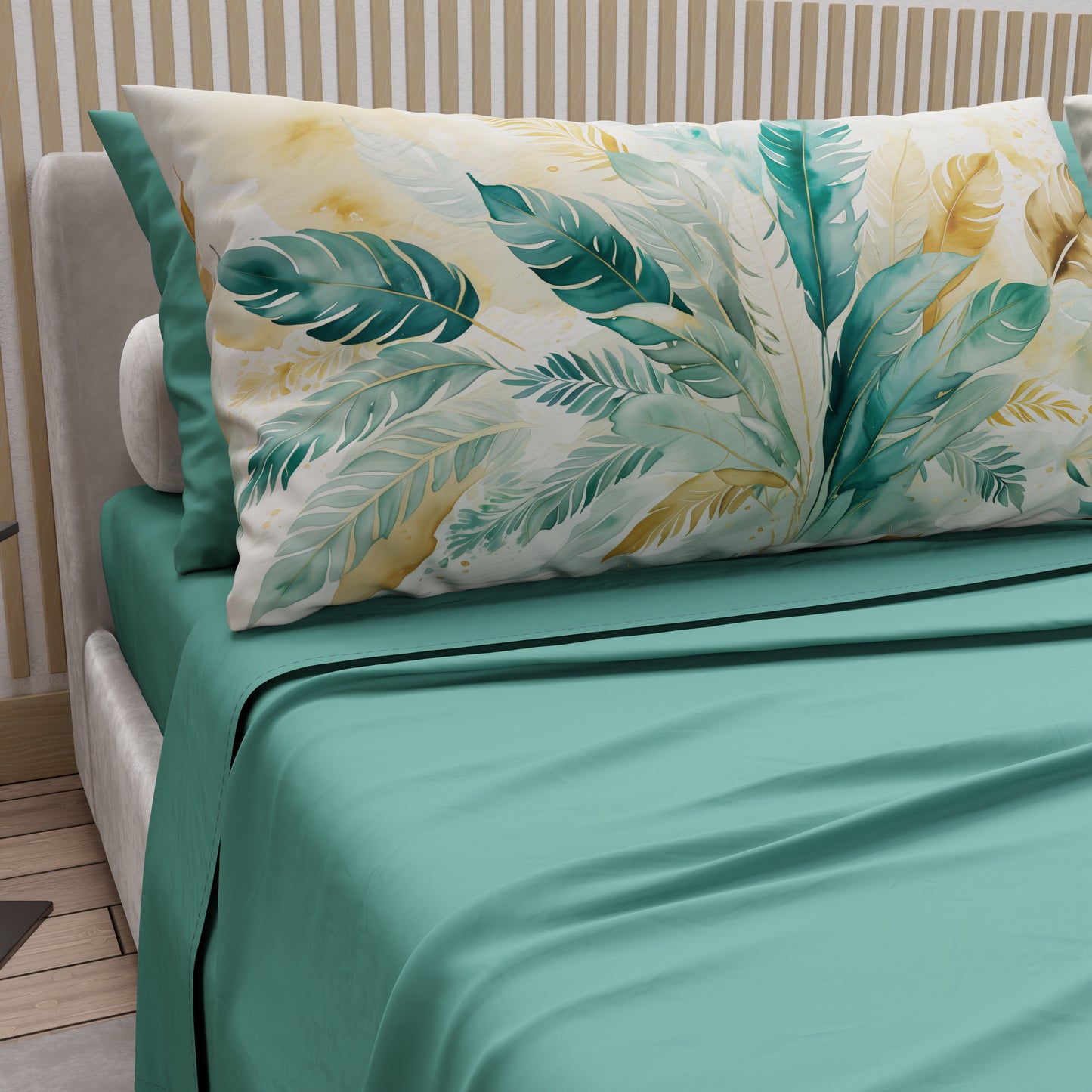 Lenzuola in Cotone, Completo Letto con Federe in Stampa Digitale Palmwater Ottanio