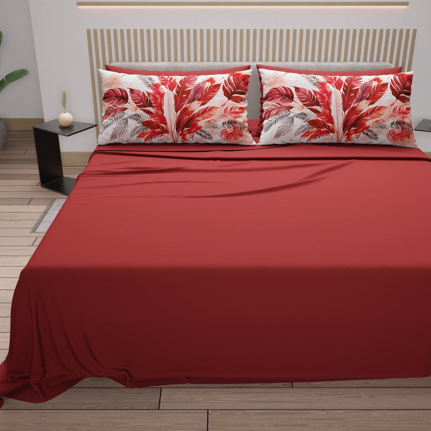 Draps en coton, Parure de lit avec taies d'oreiller en impression numérique Palmwater Rouge