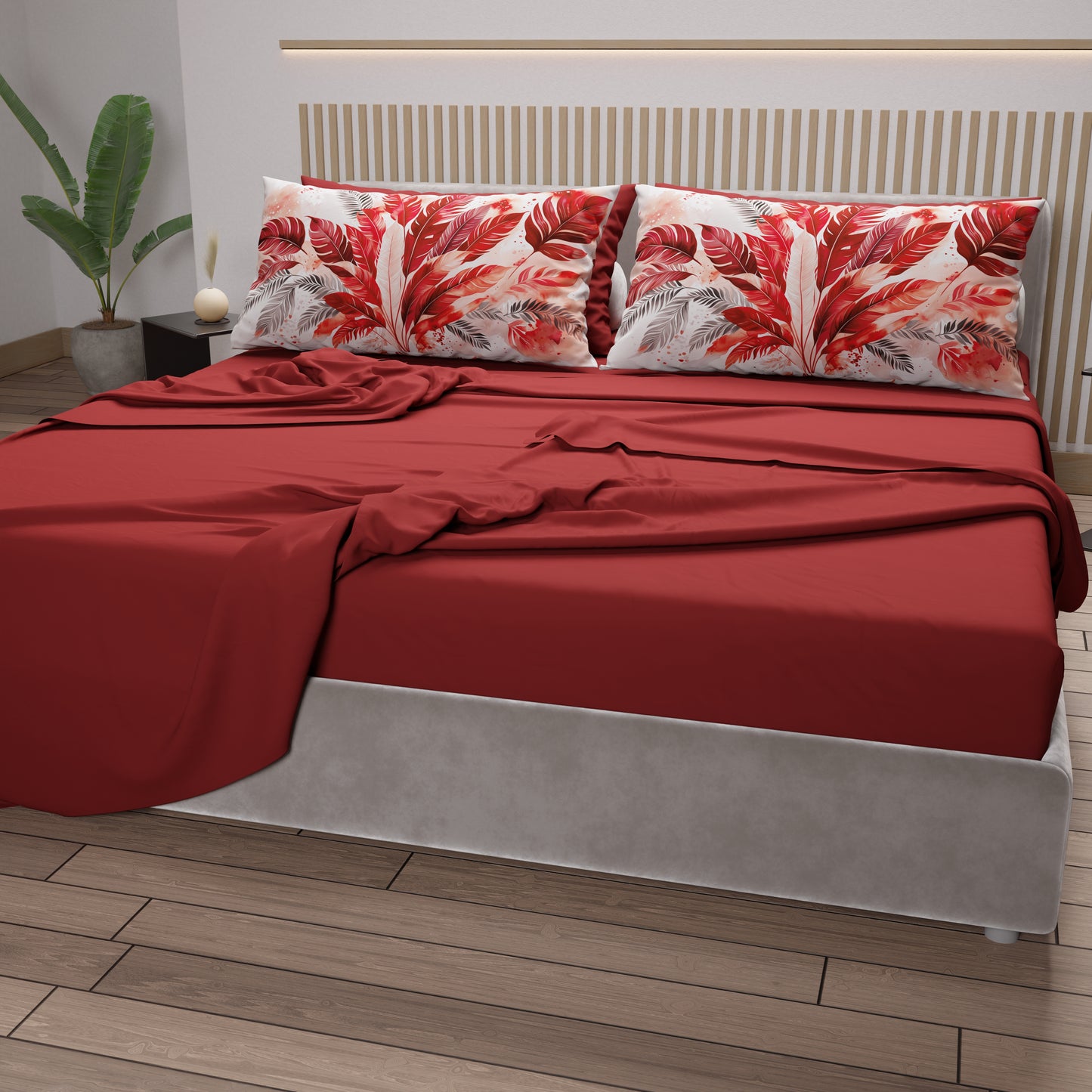 Draps en coton, Parure de lit avec taies d'oreiller en impression numérique Palmwater Rouge