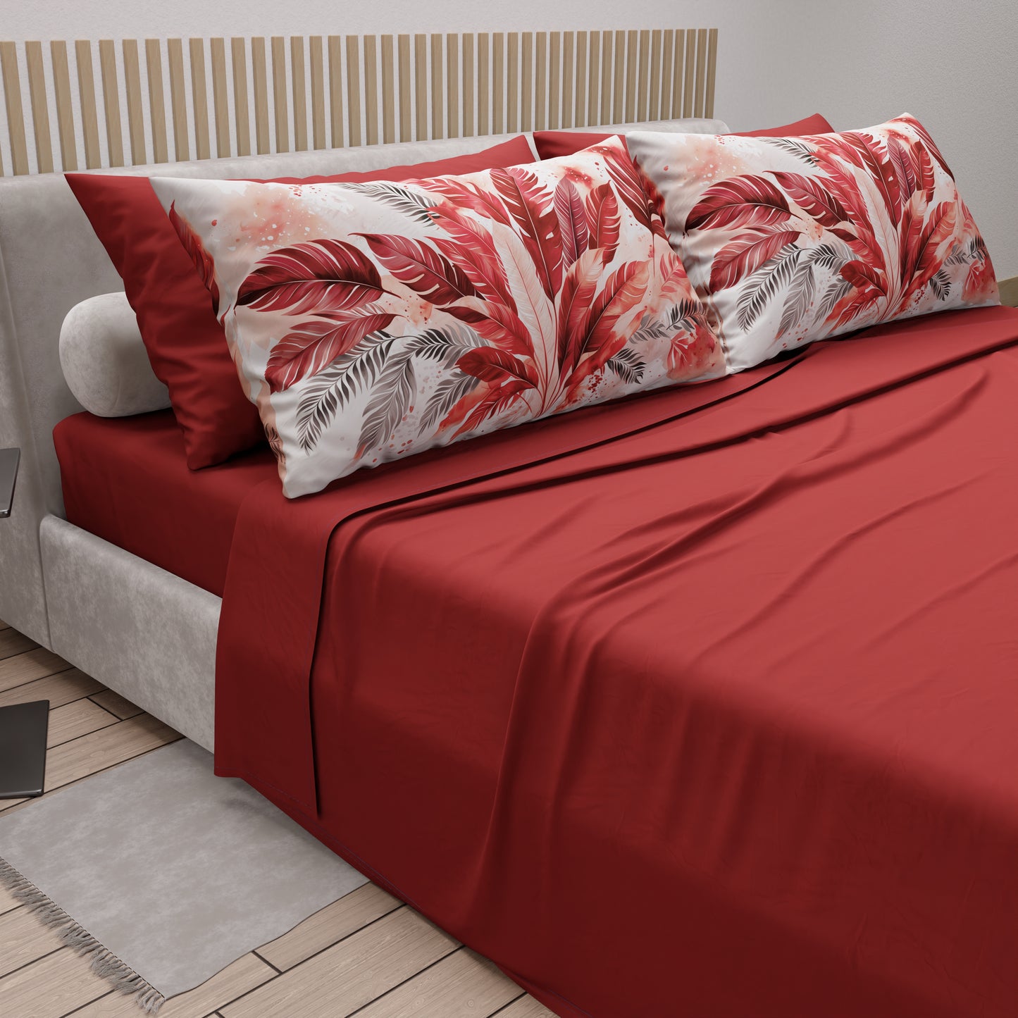 Draps en coton, Parure de lit avec taies d'oreiller en impression numérique Palmwater Rouge
