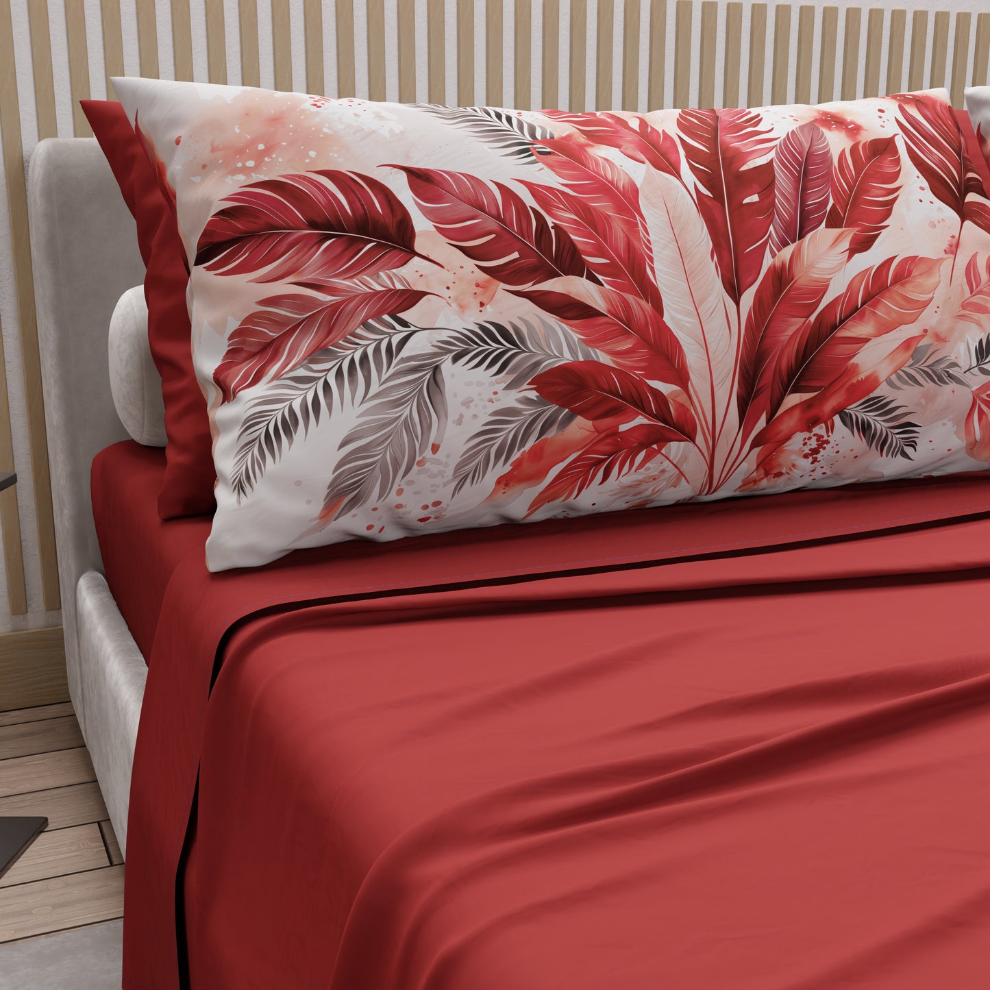 Draps en coton, Parure de lit avec taies d'oreiller en impression numérique Palmwater Rouge