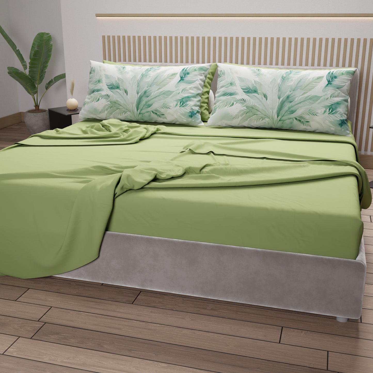 Draps en Coton, Parure de Lit avec Taies d'Oreiller en Impression Digitale Palmwater Sauge