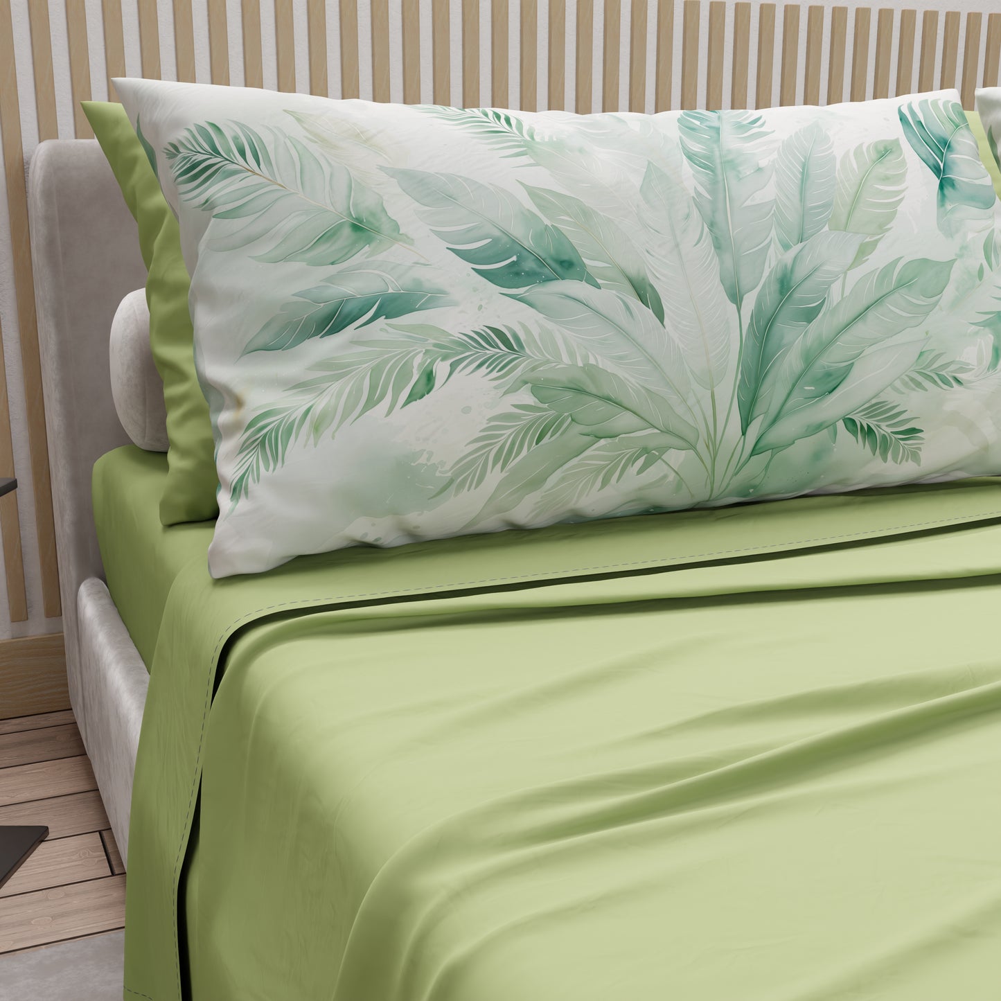Draps en Coton, Parure de Lit avec Taies d'Oreiller en Impression Digitale Palmwater Sauge