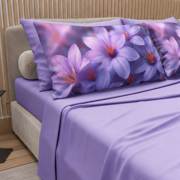 Lenzuola in Cotone, Completo Letto con Federe in Stampa Digitale Petalo 24 Lilla.