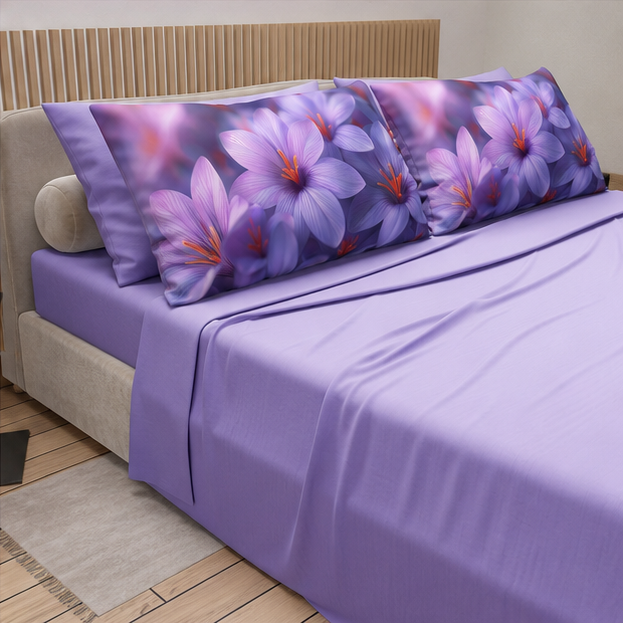 Lenzuola in Cotone, Completo Letto con Federe in Stampa Digitale Petalo 24 Lilla.