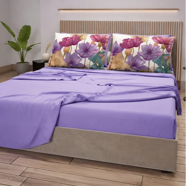 Lenzuola in Cotone, Completo Letto con Federe in Stampa Digitale Petalo 26 Lilla.