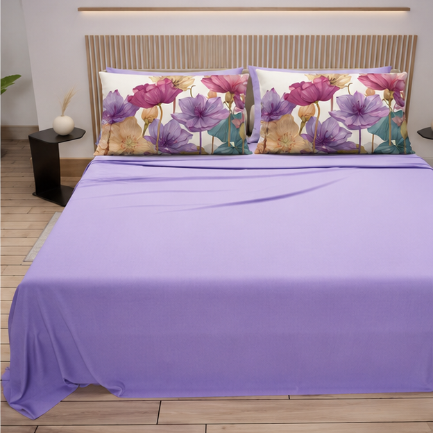 Lenzuola in Cotone, Completo Letto con Federe in Stampa Digitale Petalo 26 Lilla.