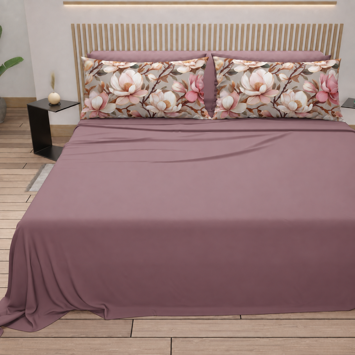 Lenzuola in Cotone, Completo Letto con Federe in Stampa Digitale Petalo 31 Cipria Scuro