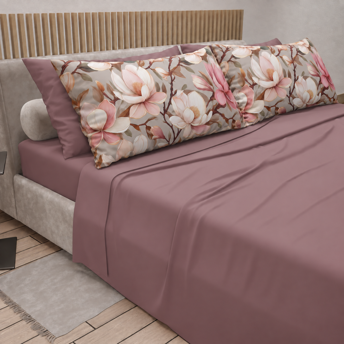 Lenzuola in Cotone, Completo Letto con Federe in Stampa Digitale Petalo 31 Cipria Scuro