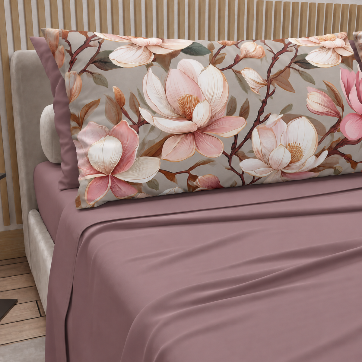 Lenzuola in Cotone, Completo Letto con Federe in Stampa Digitale Petalo 31 Cipria Scuro