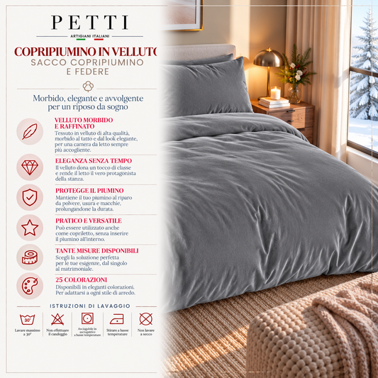 Copripiumino e Federe in Tinta Unita in Velluto Grigio Scuro