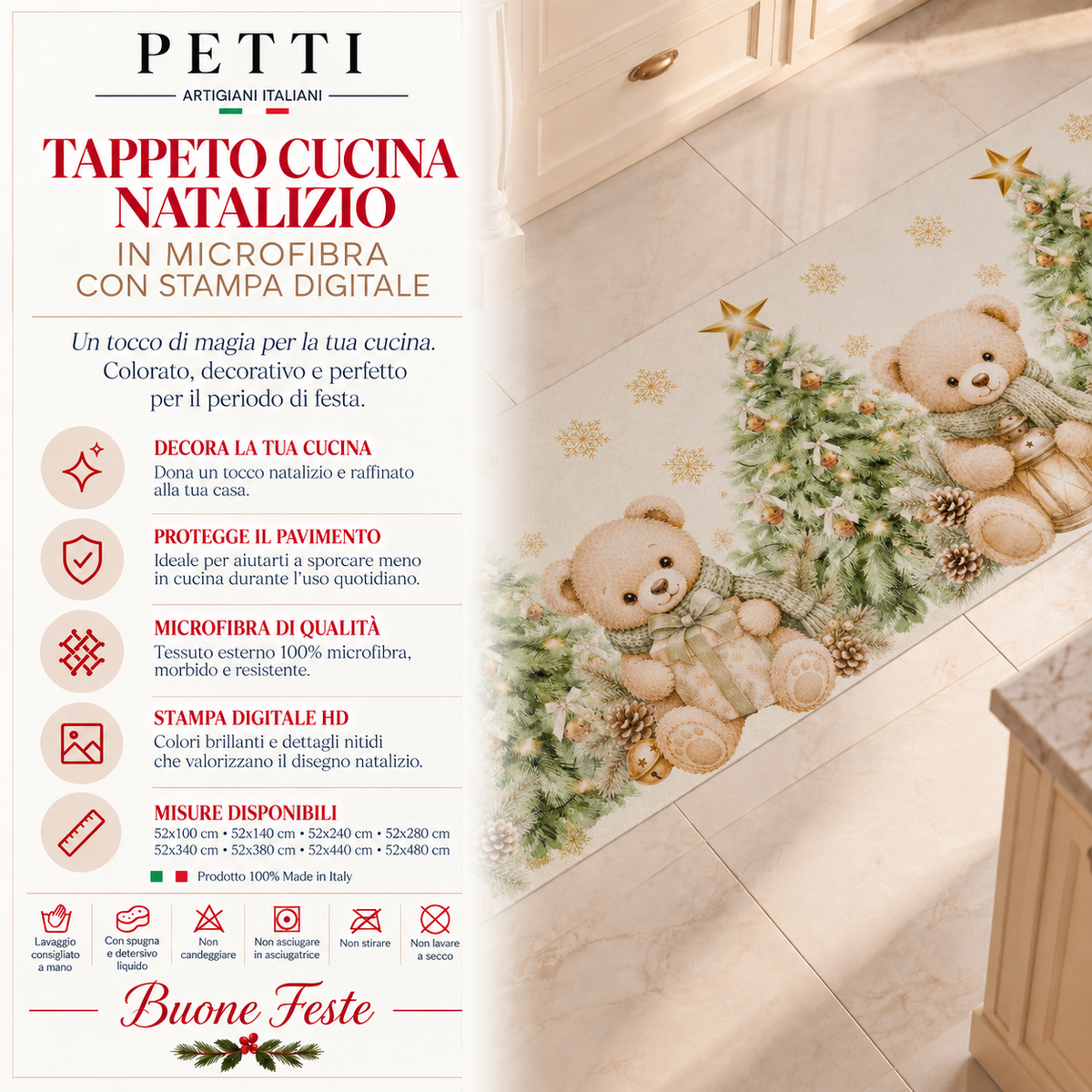 Tappeto Cucina Natalizio Antiscivolo Passatoia Natalizia Cucina lavabile Teddy Gold