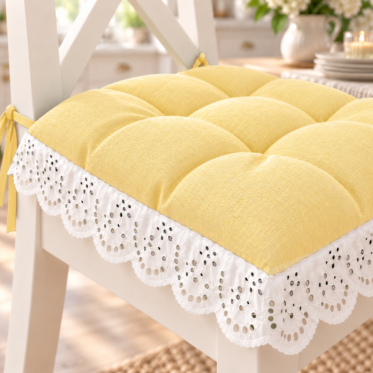 Cuscini per Sedie Quattro Punti in Tinta Unita Shabby Chic con Pizzo San Gallo Giallo