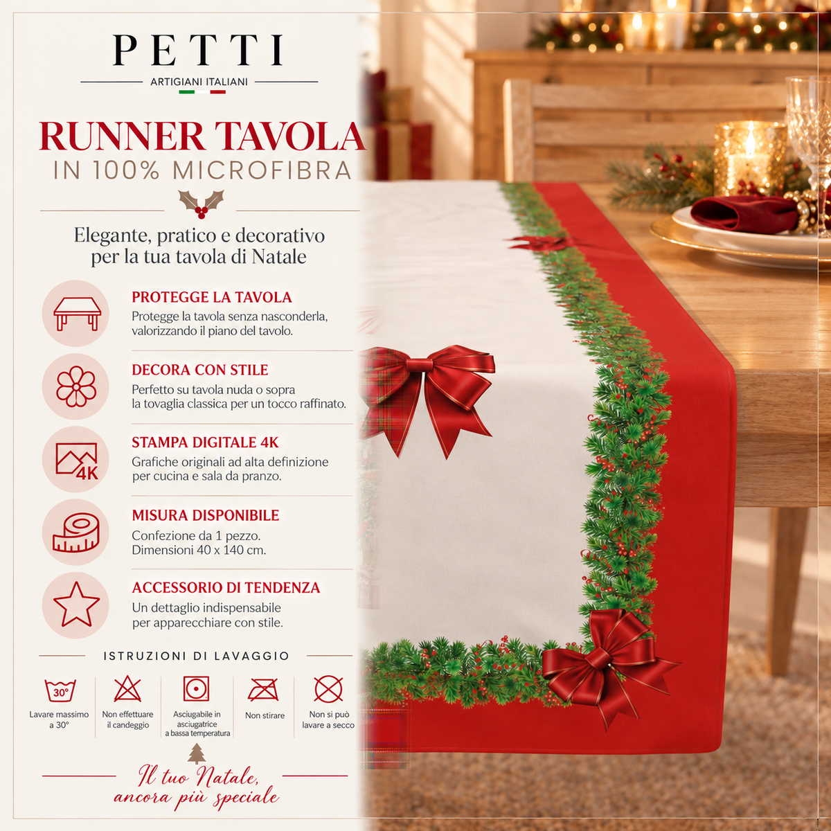 Runner Natalizi, Runner Tavola Natalizio, Tovaglia Runner Natalizia, Runner Cucina Fiocco Rosso
