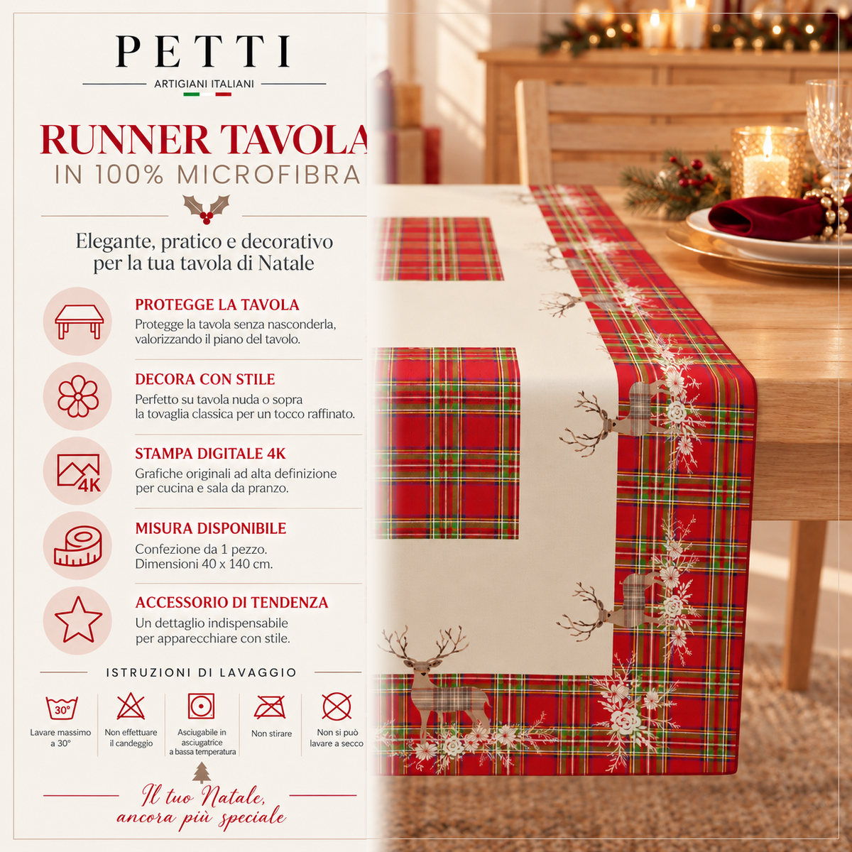 Runner Tavola Natalizio, Tovaglia Runner Natalizia, Runner Cucina Renna Beige