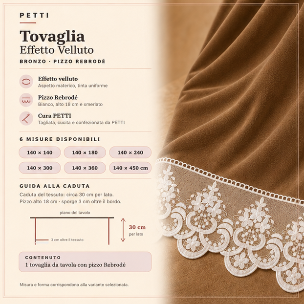 Tovaglia da Tavola in Effetto Velluto Tinta Unita con Pizzo Rebrodé Tortora