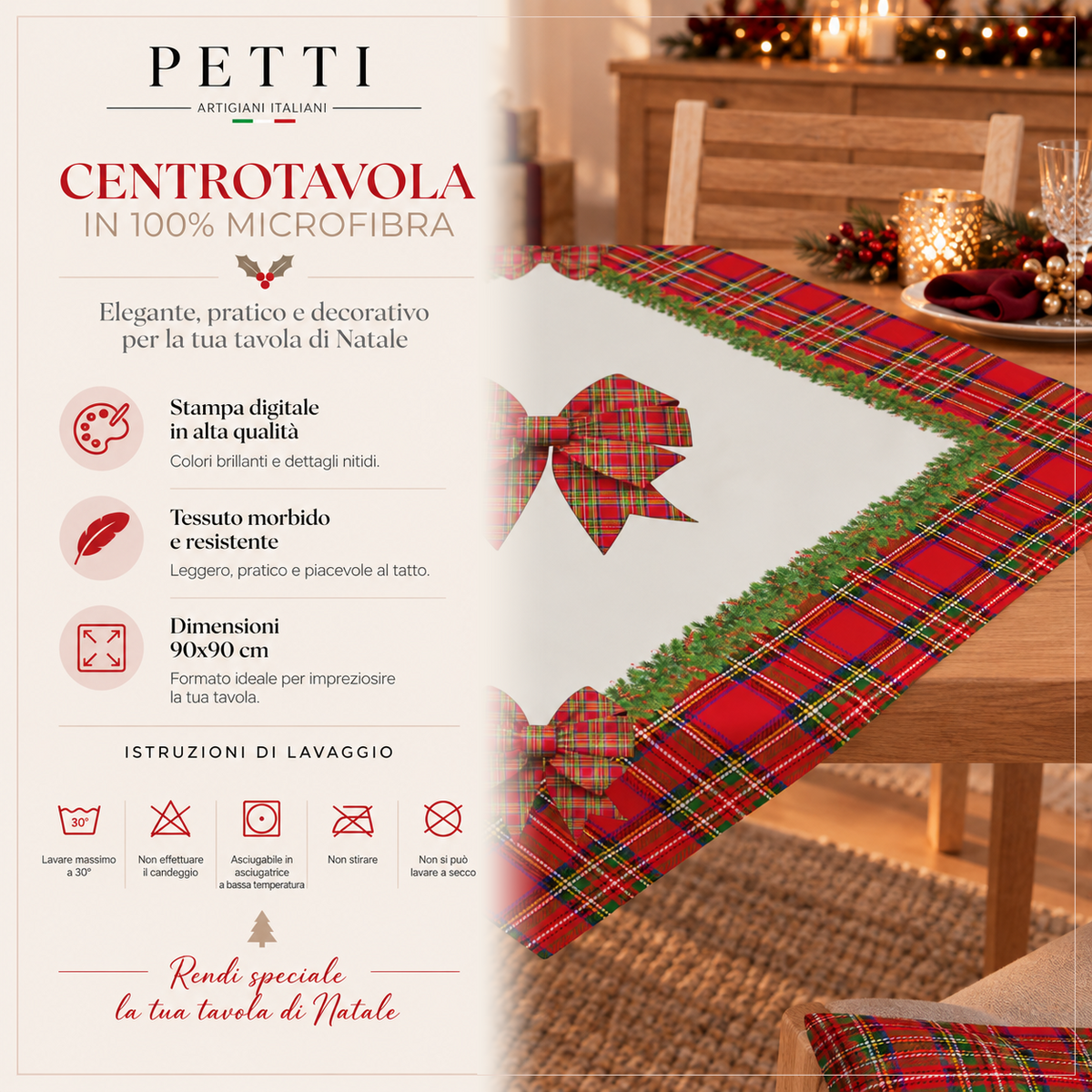 Centrotavola Natalizio per Cucina in Stampa Digitale Fiocco Tartan, Fantasia Scozzese