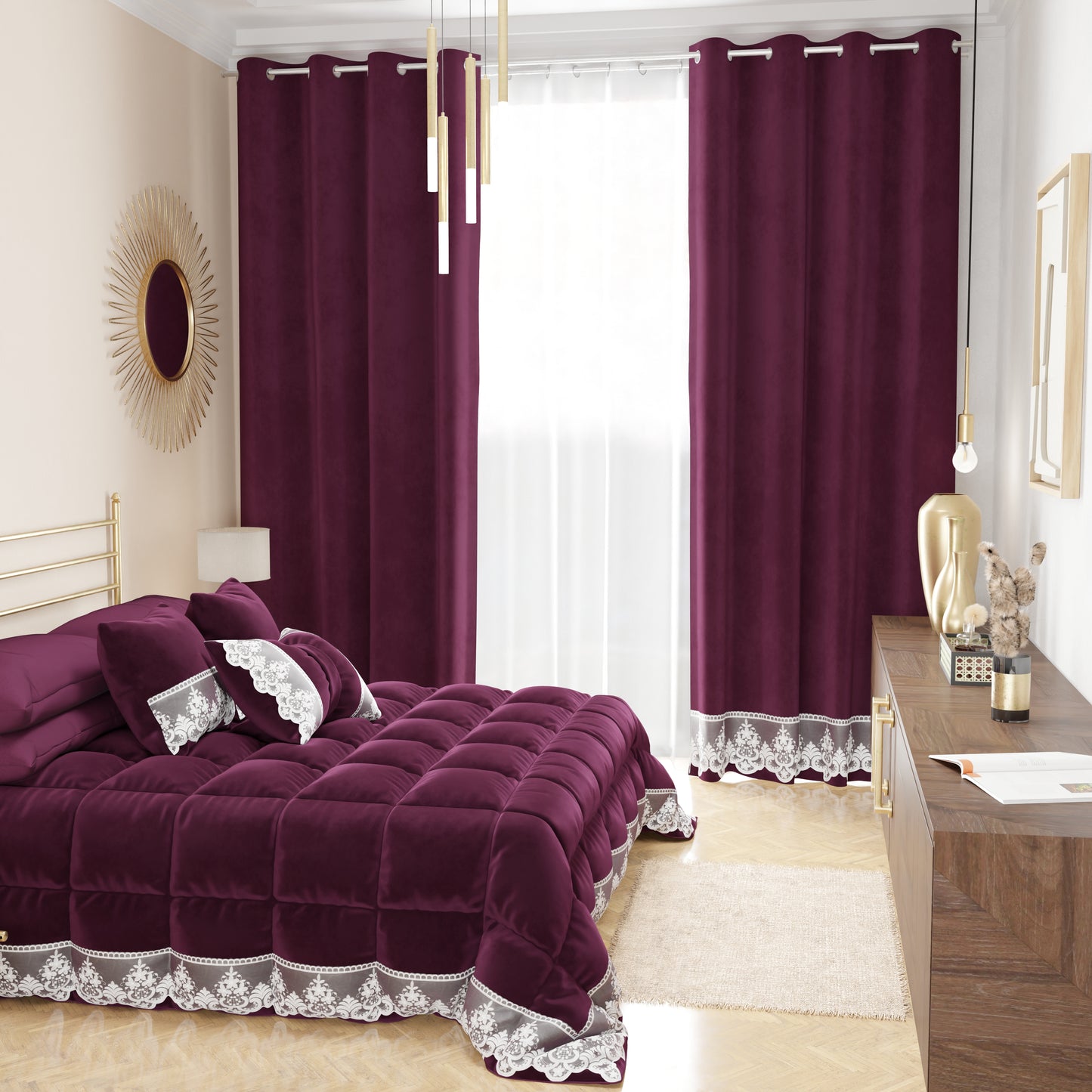 Rideau panneau en velours pour intérieur avec anneaux et dentelle rebrodée, 140x280 cm, prune par Sissy