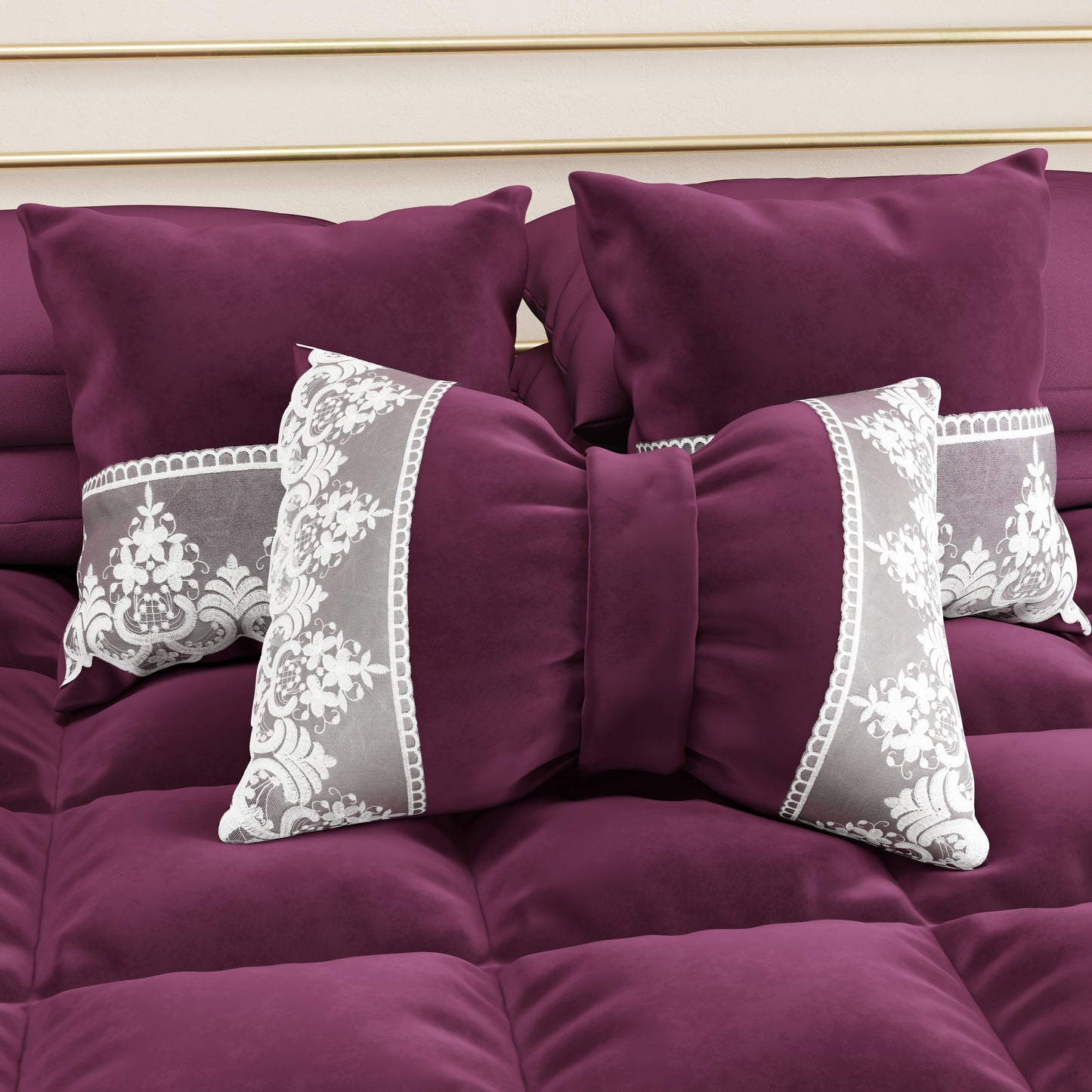 Coussins décoratifs en velours avec volant et dentelle rebrodée 2pcs, coussins de canapé prune par Sissy