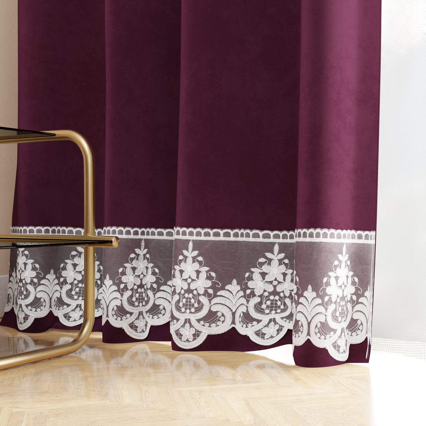 Rideau panneau en velours pour intérieur avec anneaux et dentelle rebrodée, 140x280 cm, prune par Sissy