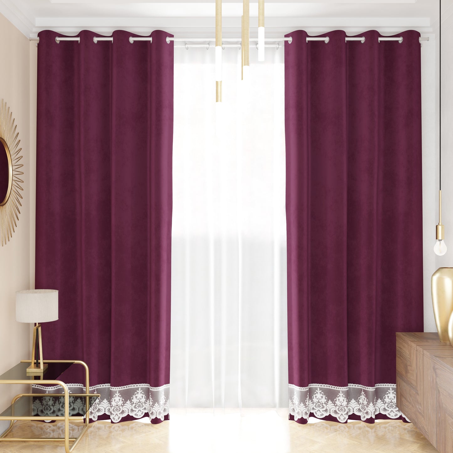 Rideau panneau en velours pour intérieur avec anneaux et dentelle rebrodée, 140x280 cm, prune par Sissy