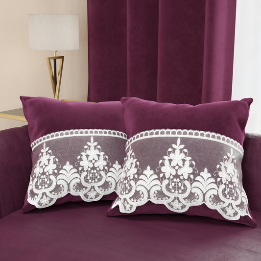 Coussins décoratifs en velours avec volant et dentelle rebrodée 2pcs, coussins de canapé prune par Sissy
