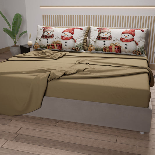Lenzuola Natalizie in Cotone, Completo Letto con Federe in Stampa Digitale Pupazzo 01