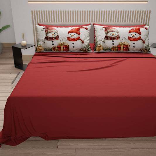 Lenzuola Natalizie in Cotone, Completo Letto con Federe in Stampa Digitale Pupazzo 01