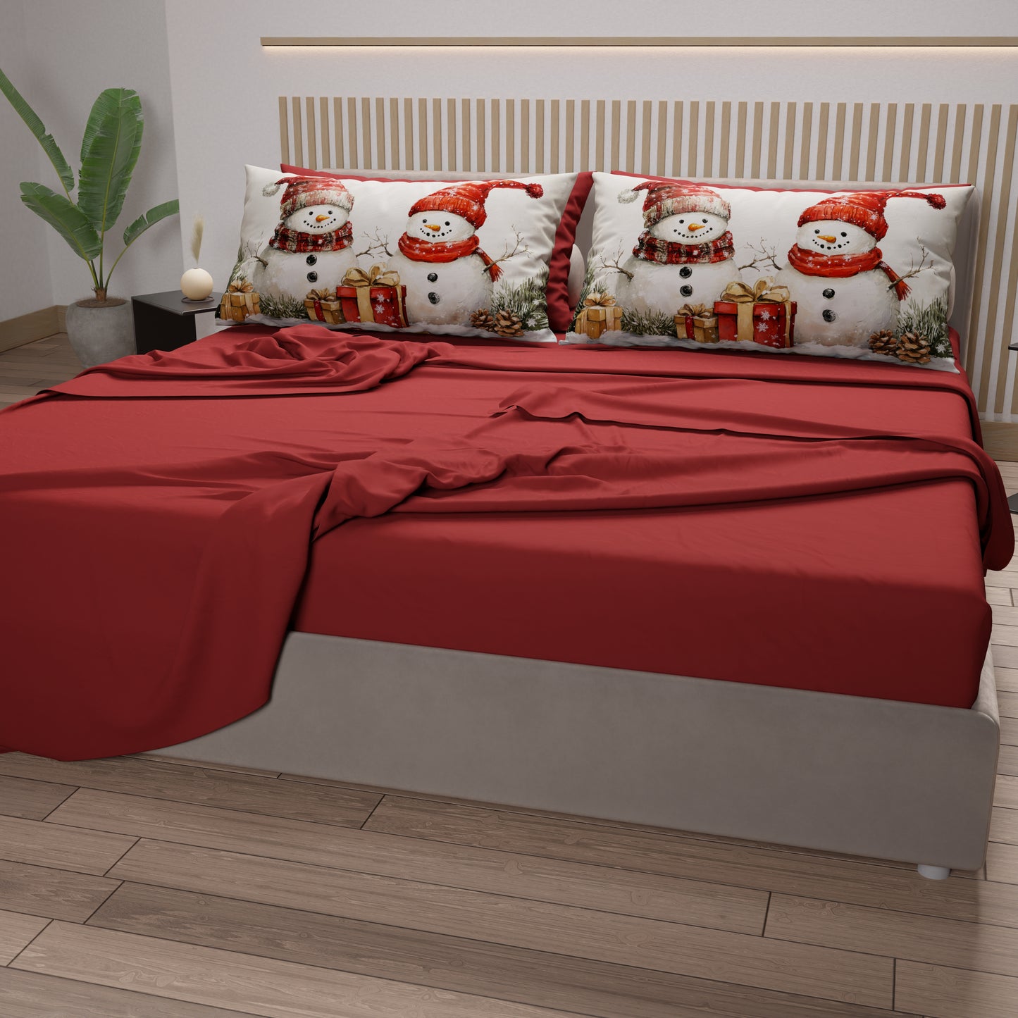 Lenzuola Natalizie in Cotone, Completo Letto con Federe in Stampa Digitale Pupazzo 01