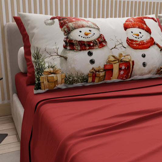 Lenzuola Natalizie in Cotone, Completo Letto con Federe in Stampa Digitale Pupazzo 01