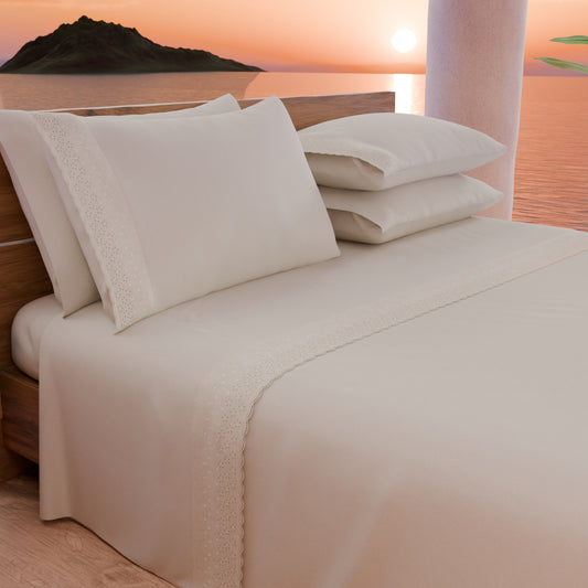 Draps doubles en pur coton percale avec volant en dentelle de San Gallo - Crème