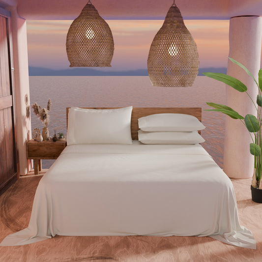 Draps doubles en pur coton percale avec volant en dentelle de San Gallo - Crème