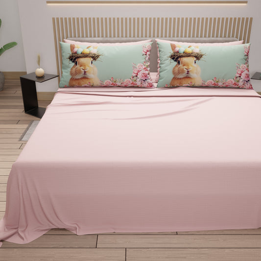 Lenzuola Pasqua in Cotone, Completo Letto con Federe in Stampa Digitale, Coniglietto Cipria