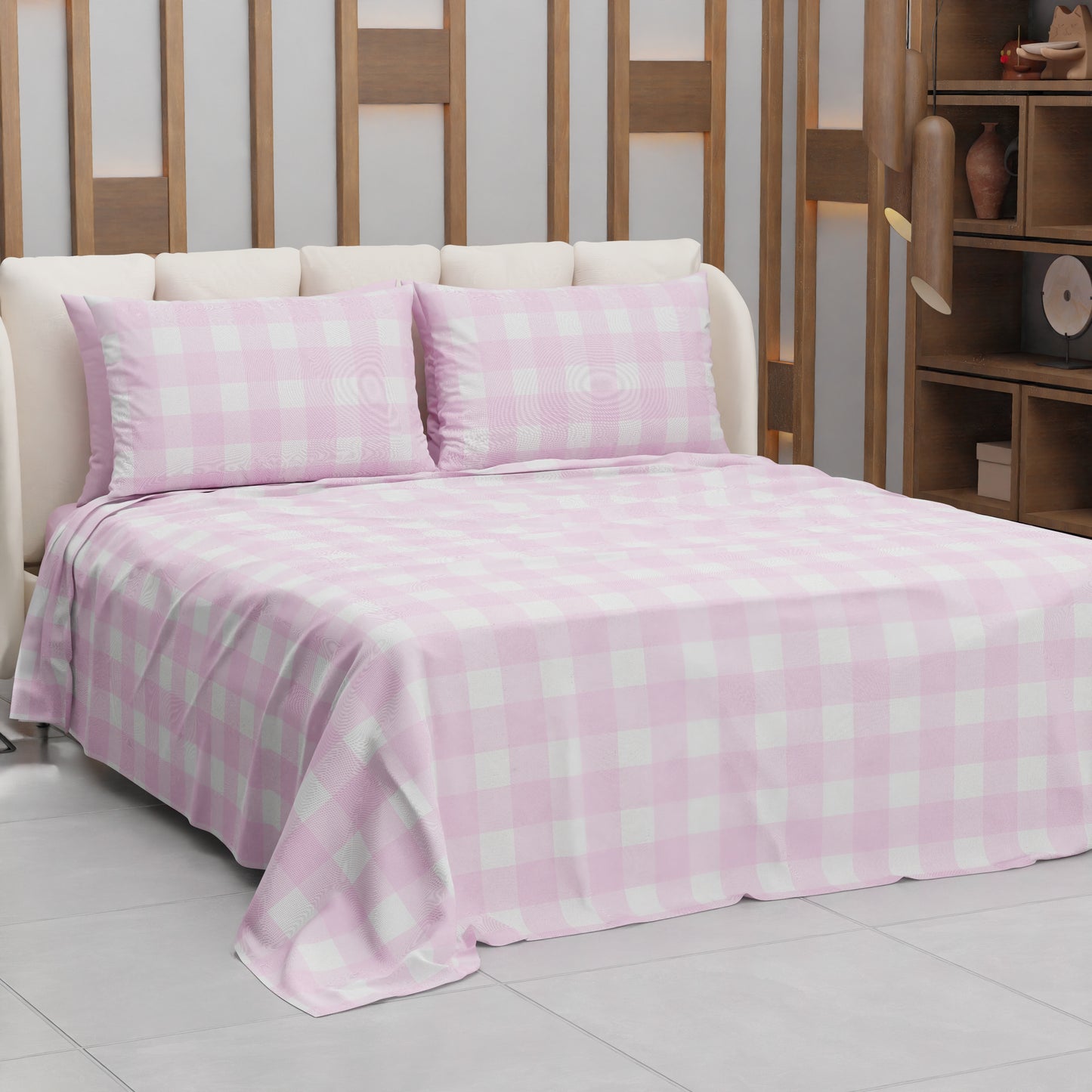 Lenzuolo Copriletto e Federe in Microfibra A Quadretti Rosa