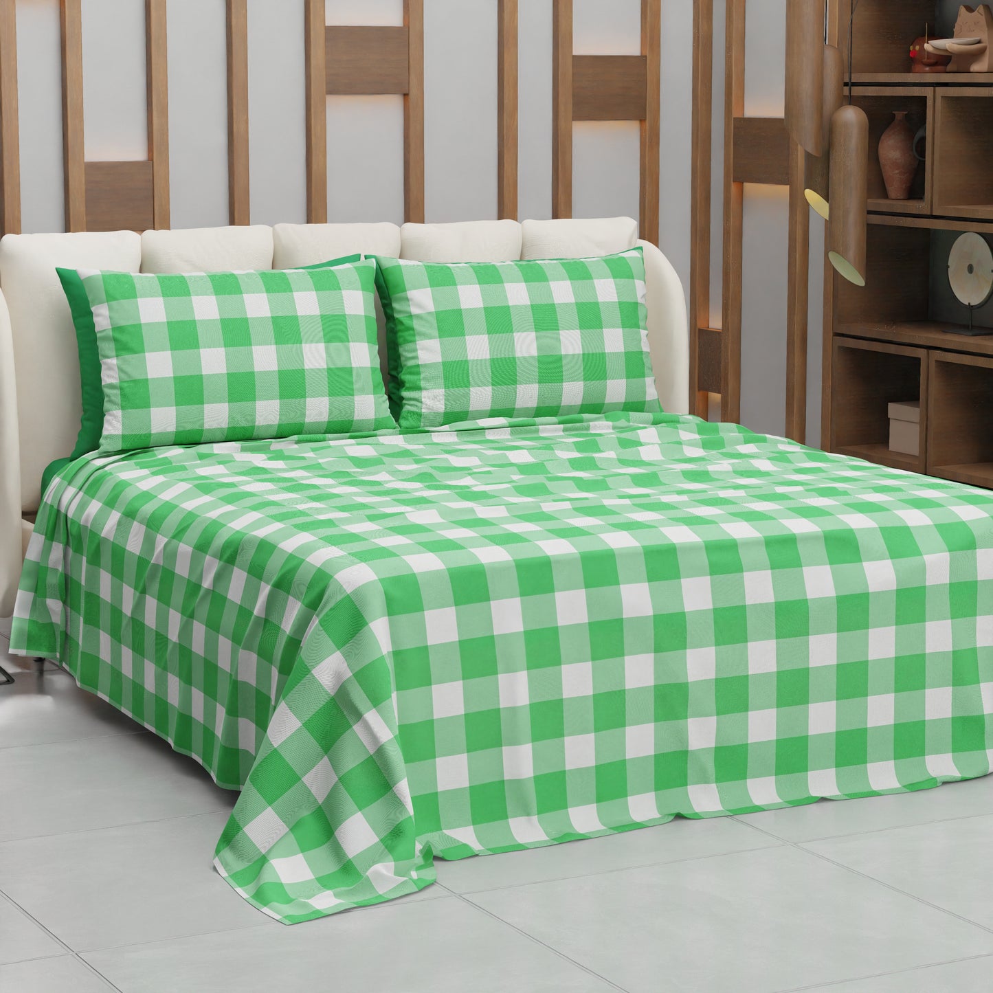Lenzuolo Copriletto e Federe in Microfibra A Quadretti Verde