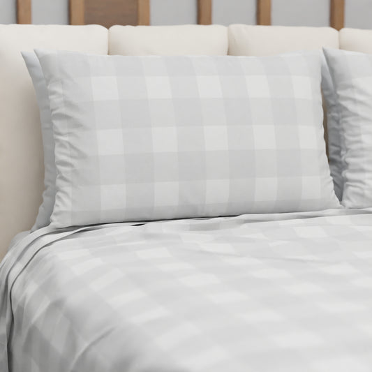 Lenzuolo Copriletto e Federe in Microfibra A Quadretti Grigio Chiaro