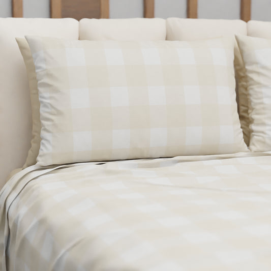 Lenzuolo Copriletto e Federe in Microfibra A Quadretti Beige.