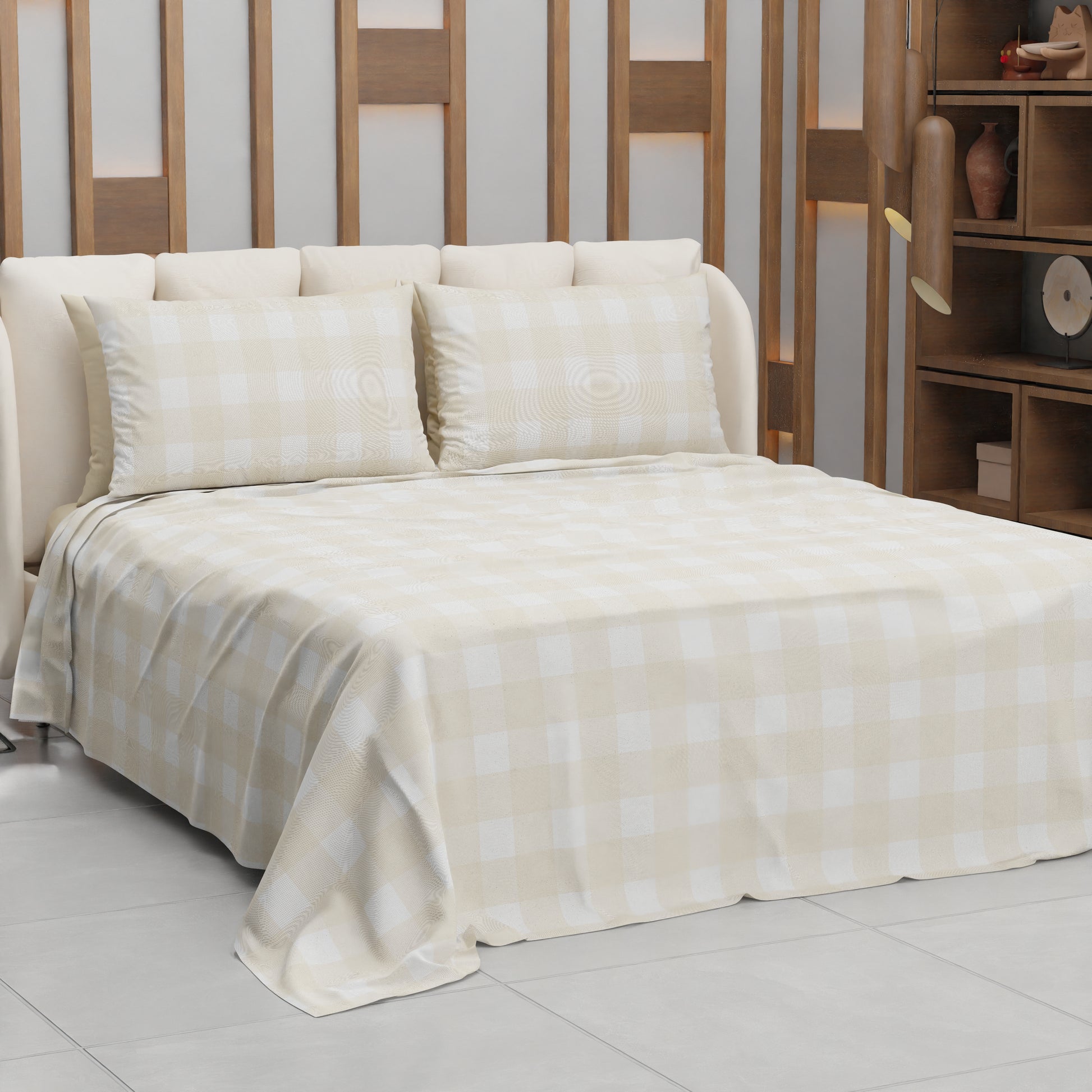 Lenzuolo Copriletto e Federe in Microfibra A Quadretti Beige.