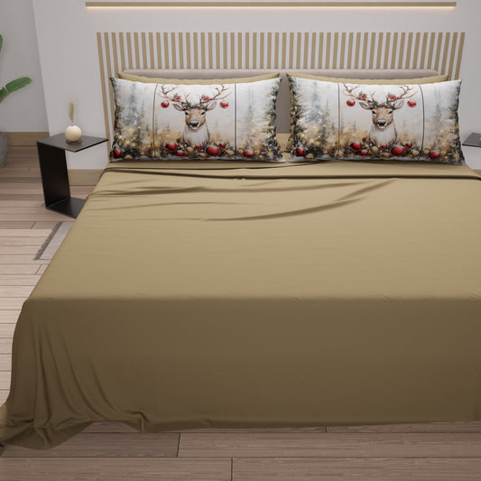 Lenzuola Natalizie in Cotone, Completo Letto con Federe in Stampa Digitale Renna